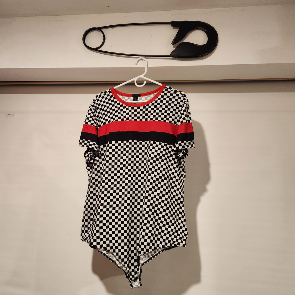 Checkered Black and White Bodysuit with Red Stripe